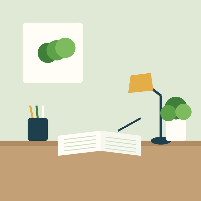 Illustration of a calm desk with a notebook, lamp and plant