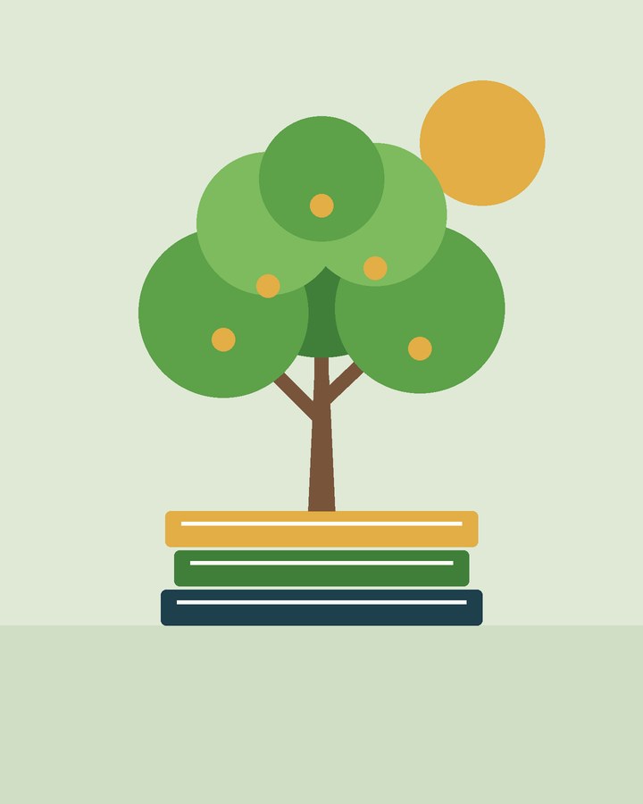 Illustration of a young tree growing from a stack of books